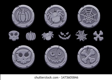 Game stone coin. Set vector cartoon coins with Halloween symbols for playing Game UI