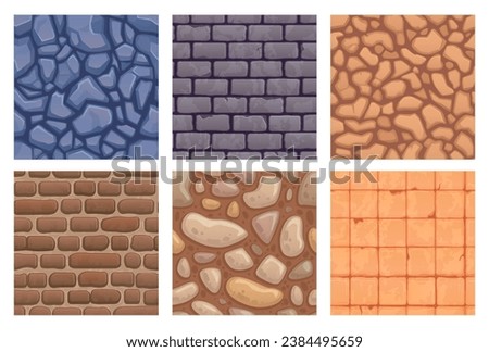 Game stone textures. Cartoon cobblestone tiles flooring square rock brick wall medieval castle, cobbled floor bridge pavement seamless ingenious vector illustration of texture background cartoon