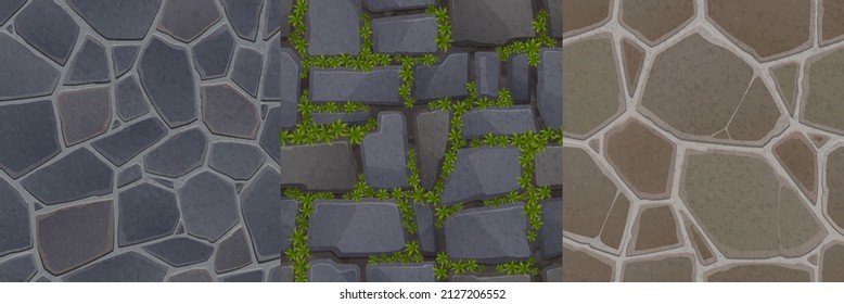 Game stone textures  seamless patterns pavement  wall and rocks ivy floor tiles top view  Textured natural backgrounds  realistic cobblestone surface  2d ui gui graphics  Vector layers set