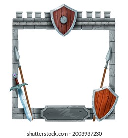Game stone UI frame, vector medieval castle interface element, wooden old shield, sword, spear. RPG fantasy knight weapon, warrior armor, ancient rock border window concept. Vintage square game frame