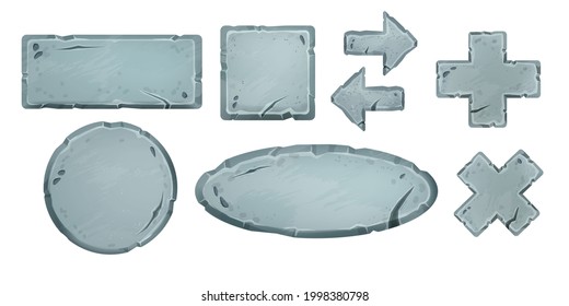 Juego de tablero de signos vectorial de piedra de juego, panel de rectángulo de roca, barra de interfaz de usuario cuadrada, botón de cruz, puntero, círculo. Bloques de menú de interfaz de usuario, flecha, tableta de círculo craqueada. Elementos de diseño de piedra de juego antiguos