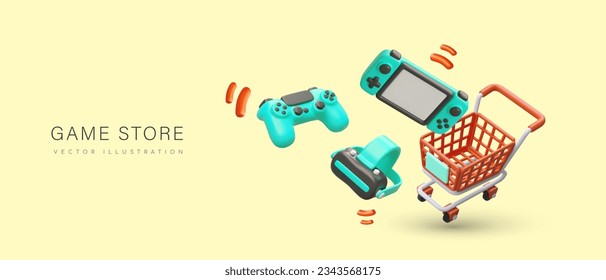 Game store. Accessories for computer games, online competitions. Virtual entertainment, video games, digital simulators. New technologies. Horizontal poster in cartoon style, 3D illustration