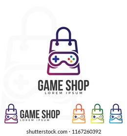 Game Store logo ilustration vector. Shopping bag with joystick icon.