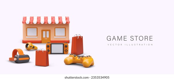 Game store. Realistic building with striped canopy, gamepad, controller, VR glasses, bags. Vector advertisement of gaming accessories store. Cartoon style concept