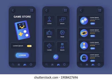 Game store unique neomorphic design kit. Computer video games, game accessories for smartphones, gamepads and consoles. UI UX templates set. Vector illustration of GUI for responsive mobile app.