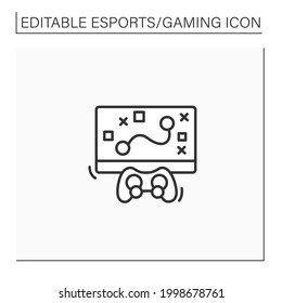 Game strategy line icon. Game playing algorithm. Planning actions, communication between gamers. Cybersport concept. Isolated vector illustration.Editable stroke