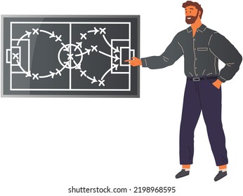 Estrategia de juego en el campo de fútbol en la pizarra. El entrenador señala el juego de fútbol. Táctica de fútbol a bordo. Hombre parado cerca de la burla al campo de fútbol. Planear el juego, la estrategia en el tablero verde.