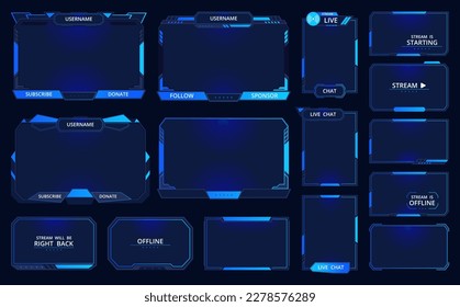 Game stream frames. Futuristic gamers live streaming interface screen, mmo game menu garish frames flat vector illustration set. Gamers stream elements