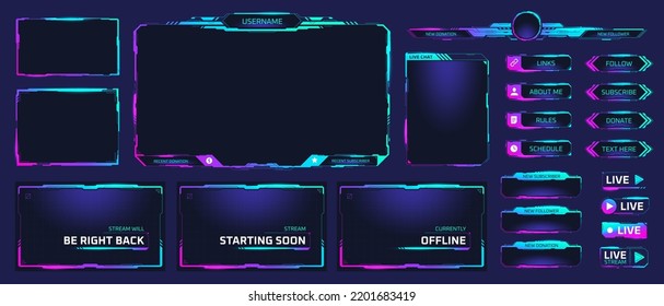 Game stream frames. Glow theme for live conference of gaming streamers, hud frame twitch streaming media gamer broadcast webcam box video screen, garish vector illustration of game screen futuristic - Shutterstock ID 2201683419