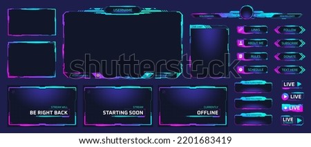 Game stream frames. Glow theme for live conference of gaming streamers, hud frame twitch streaming media gamer broadcast webcam box video screen, garish vector illustration of game screen futuristic Imagine de stoc © 
