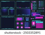 Game stream frames mega set elements in flat graphic design. Bundle objects of neon colors streaming interface elements, bars and buttons, player menu, user panel templates. Vector illustration.