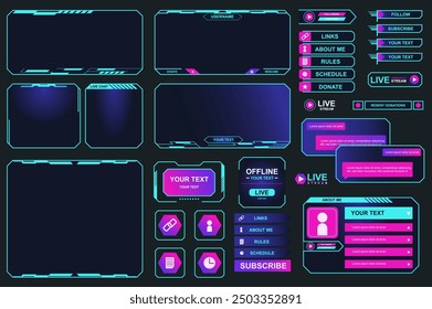 Game stream frames mega set elements in flat graphic design. Bundle objects of neon colors streaming interface elements, bars and buttons, player menu, user panel templates. Vector illustration.