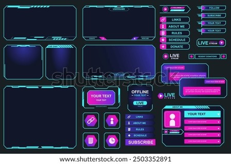 Game stream frames mega set elements in flat graphic design. Bundle objects of neon colors streaming interface elements, bars and buttons, player menu, user panel templates. Vector illustration.