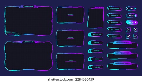 Marcas o paneles de la secuencia de juegos. Marcos futuristas para los streaming de juegos en vivo. Marcos de colores brillantes para medios de transmisión o transmisiones. Elementos modernos de interfaz de usuario de Sci Fi. Ilustración vectorial.