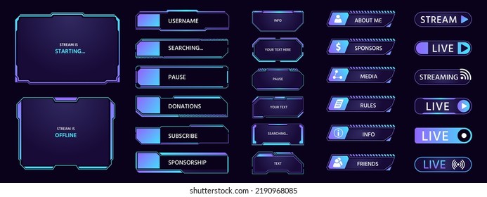 Game stream. HUD futuristic overlay with frames buttons banners and panels, dashboard popup window layout for TV and game streaming. Vector border UI frame to game interface stream illustration - Shutterstock ID 2190968085