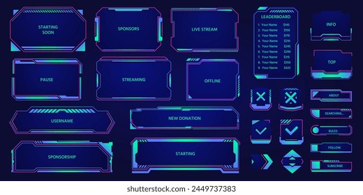 Game stream hud overlay. Futuristic cyber broadcast layout elements, digital streaming panel with webcam frame and chat bar. Vector UI set. Leaderboard, subscribe, follow and donation buttons