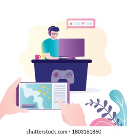 Game stream on display of phone screen. Male character plays and comments game process. Gamer with headset sitting at table. Cyber sport streaming, popular video content. Flat vector illustration