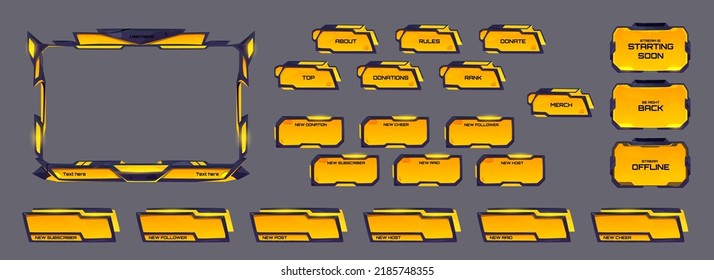 Superposición de la corriente de juego, marco ui con brillo de neón amarillo. Pantalla de streaming de Twitch, paneles de menú de usuario de gamer y botones. Plantilla de apoyo, vídeo en línea en vivo, interfaz de usuario digital, conjunto de vectores de dibujos animados