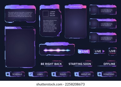 Game stream panels. Twitch streaming overlay frames for gamers leaderboard, hud glowing digital screen template gui online interface futuristic cyber buttons ui vector illustration of game live frame