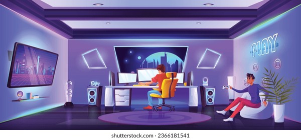 Game and stream room interior with two male players. Cartoon vector of home setup with glowing neon decoration for playing videogames. Men sit at computer, and on beanbag chair with joystick.