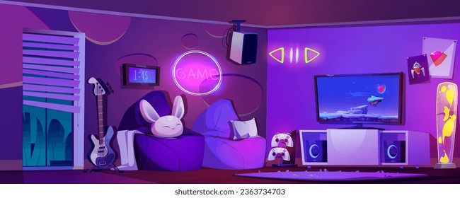 Game and stream room setup. Cartoon home gamer zone interior for playing online video games. Purple lounge with neon glowing elements on walls, tv set with console and joystick, bean bag armchair.
