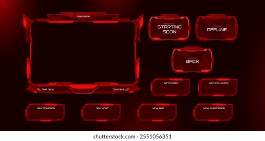 Game stream ui borders set isolated on black background. Vector realistic illustration of red frames for streaming platform, online and offline buttons, user interface design elements collection