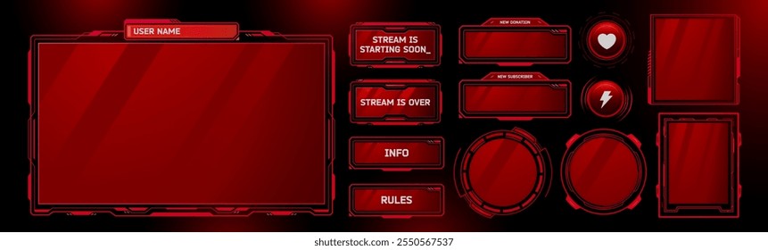 Game stream ui frames set isolated on black background. Vector realistic illustration of red gradient borders for streaming platform, buttons with heart and lightning signs, user interface design