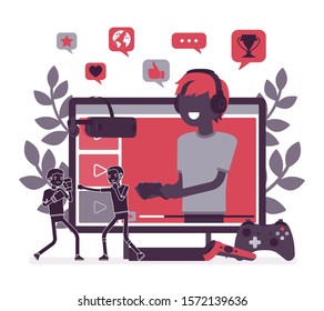 Game streamer boy. Popular man broadcasting online, live streaming as hobby, profession, freelance job, featuring news, reviews, playthroughs, achievements. Vector illustration with faceless character