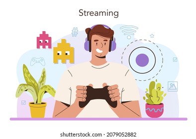 Game streamer concept. Gamer translating a game process in the internet. Idea of social media and media content. Online livestreaming, creative hobby. Isolated flat vector illustration