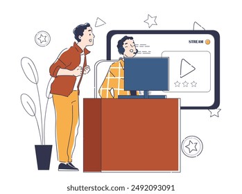 Concepto de transmisor de juegos. Video El hombre juega El blogger Populares gamer se sienta en la computadora. Competencias y torneos de ciberdeportes. Ilustración vectorial lineal aislada sobre fondo blanco