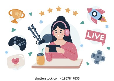 Game streamer elements. Digital equipment for play or work. Concept cyberspace technology. Pc, monitor, mouse, controller. Professional device set. Webcam or camera, gamepad. Vector illustration. 