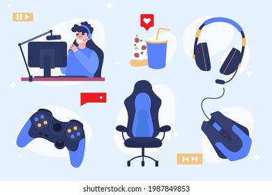 Elementos de streaming de juegos. Equipo digital para jugar o trabajar. Concepto de tecnología del ciberespacio. Pc, monitor, ratón, controlador. Equipo profesional. Cámara o cámara web, gamepad. Ilustración vectorial. 