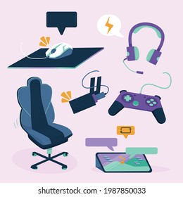 Elementos de streaming de juegos. Equipo digital para jugar o trabajar. Concepto de tecnología del ciberespacio. Pc, monitor, ratón, controlador. Equipo profesional. Cámara o cámara web, gamepad. Ilustración vectorial. 