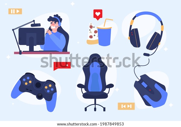Game streamer elements. Digital equipment for play or\
work. Concept cyberspace technology. Pc, monitor, mouse,\
controller. Professional device set. Webcam or camera, gamepad.\
Vector illustration. 