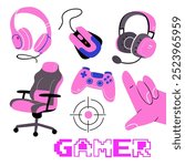 Game streamer vector elements. Concept cyberspace technology. Flat retro design vector illustration concept of game environment, tools and essentials. Video games blue and pink stickers set.