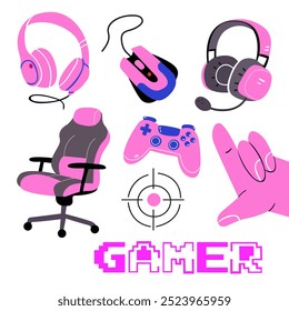 Game streamer vector elements. Concept cyberspace technology. Flat retro design vector illustration concept of game environment, tools and essentials. Video games blue and pink stickers set.