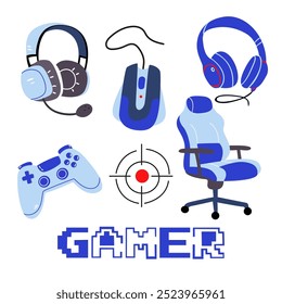 Game streamer vector elements. Concept cyberspace technology. Flat retro design vector illustration concept of game environment, tools and essentials. Video games blue and pink stickers set.