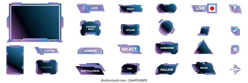  Conjunto de iconos de transmisión de juegos. Stream comenzando pronto pantalla, Suscribirse Seguir, donar, superior, reglas, paneles de Enlace y Botones con diseño de gradiente moderno