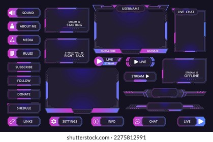 Game streaming interface elements. Gaming frames, bars and buttons, mmo game menu elements flat vector illustration set. Futuristic game stream dashboard icons