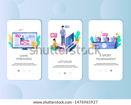 Game streaming, Lets play, E-sport tournament mobile app onboarding screens. Menu banner vector template for website and application development. Cybersport tournament, competitive computer gaming.