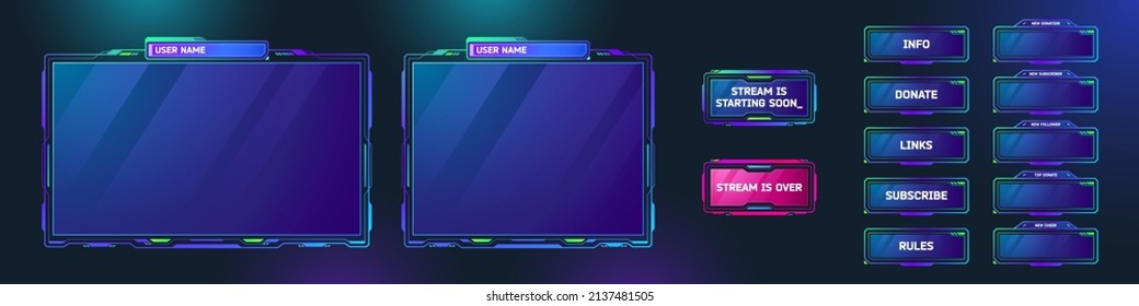 Game Streaming Panels And Buttons In Sci Fi Style. Vector Cartoon Set Of Live Stream Displays With Techno Borders For Webcam Video App. Ui Design Elements For Show Gaming Process