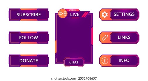 Game streaming screen elements. Gamers stream interface buttons and frame, mmo game menu, modern gamers stream icons flat vector illustration set. Garish bars and frames