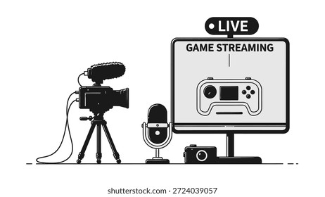 Game Streaming Setup Illustration with Camera, Microphone, and Monitor.