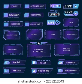 Game streaming window announcement badge design template set vector illustration. HUD futuristic overlay with frame button banner panel dashboard popup alert online virtual TV gaming user interface