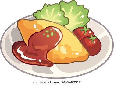 Game style vector illustration of a fluffy, creamy, and custardy omelette wrapped around fried rice topped with ketchup, thinly chopped green onion, fresh tomatoes, and lettuce as side vegetables