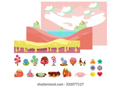 Game sweets pieces, horizontal scrolling seamless backgrounds for game ui