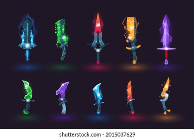 Game sword. Cartoon various gaming weapons with different colors and characteristics for playing actions. Fire or magic poison blades. Battle broadsword and saber. Vector inventory set
