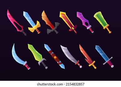 Game sword. Fantasy weapon like dagger or knife. Fantastic armor. Blade types set. Iron mace. Steel axe for battle attack. Medieval broadsword and sabre. Vector cartoon military tools