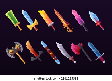 Game sword. Fantasy weapon. RPG arms types. Dagger and knife. Fantastic armor. Mace or broadsword. Steel axe for battle attack. Mobile app user interface element. Vector cartoon blades set
