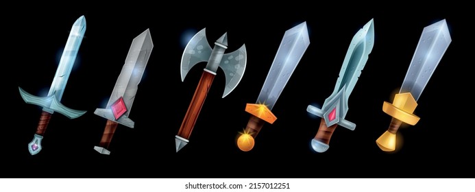 Game sword icon set, vector cartoon medieval weapon kit, fantasy knight knife isolated collection. UI magic old defense armor badge, Viking military axe metal battle blade. Cartoon sword asset clipart